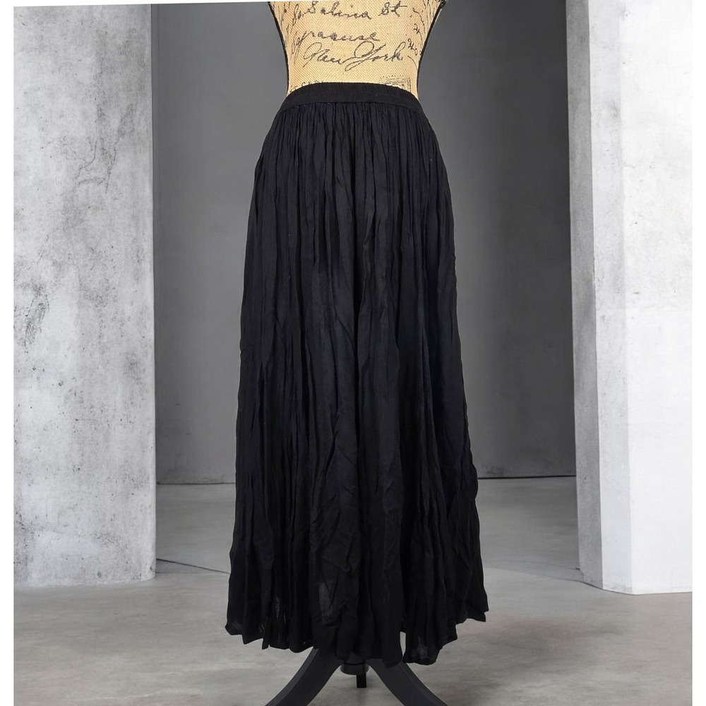 Bila Black Crinkle Gauze Maxi Skirt Boho Rayon Elastic Waist Long Flowy Small